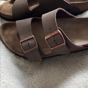Birkenstock Taupe Sandals with Rose Gold Buckles